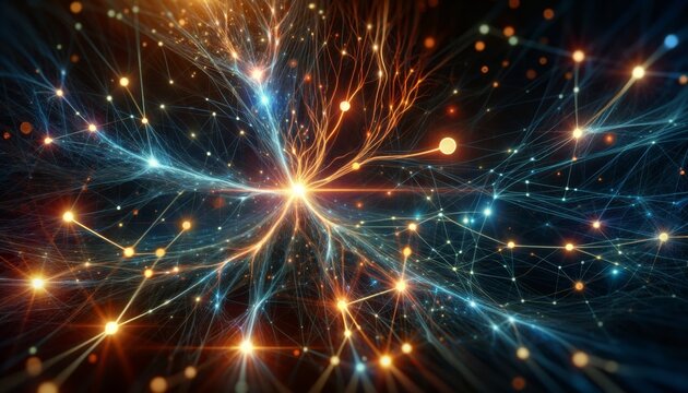 An abstract representation of a neural network with nodes and synapses firing.