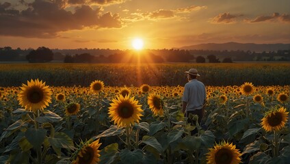 Amidst a field of sunflowers ablaze with yellow and red hues, a solitary figure contemplates the warmth of summer and the passage of time ai_generated