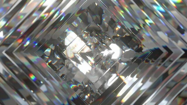 A geometric crystal with numerous facets reflects and refracts light, creating dynamic patterns and a vibrant spectrum of rainbow hues.