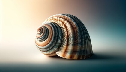 A macro photograph of a seashell against a softly blurred background, showcasing the intricate spiral patterns and subtle color variations.