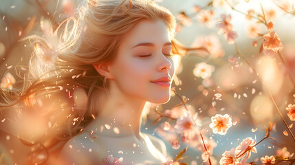 A beautiful young girl dances in nature surrounded by swirling spring flowers and peach fuzz color.