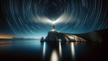 A captivating night scene of a calm sea with a lighthouse on a distant cliff under a sky adorned with circular star trails. © FantasyLand86