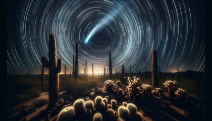 A captivating image of a desert landscape at night, featuring a series of star trails in the sky and a comet with a distinct tail visible. - Powered by Adobe