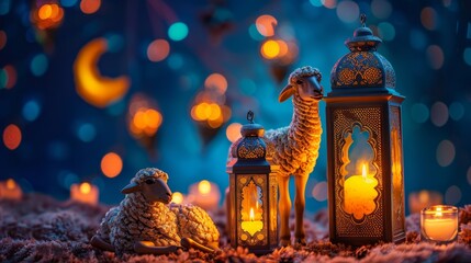 mosque and lantern with lamb for eid al adha	

