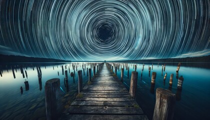 A wide-angle view of an old, weathered wooden pier extending into a calm, glass-like lake under a starry night sky with circular star trails.
