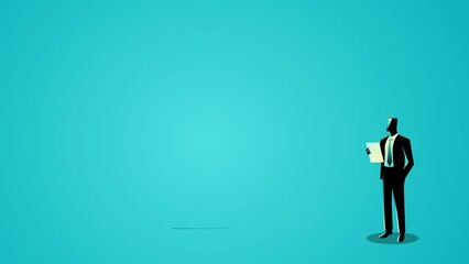 Businessman holding notes while buildings dynamically pop up, symbolizing the counting and curation of company assets, strategic planning, financial management, and corporate expansion