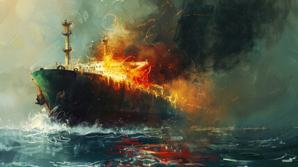 Marine accident - Illustration Oil Tanker, Ship - Water Vessel, Fire, Smoke