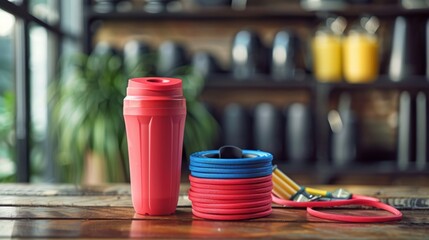A set of workout resistance bands and protein shaker, promoting exercise and muscle recovery