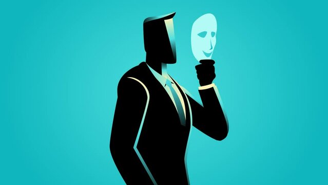 2D animation of two businessmen engaged in conversation while wearing masks, facade of polite discourse, subtle cues of pretense and poker-faced negotiations, the intricate world of corporate lobbying