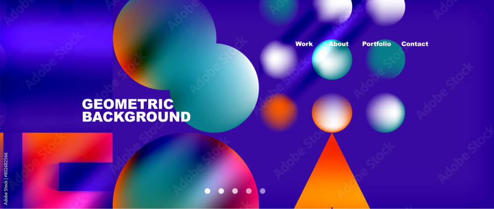 Poster a vibrant geometric background with circles and triangles in electric blue and magenta on a purple b
