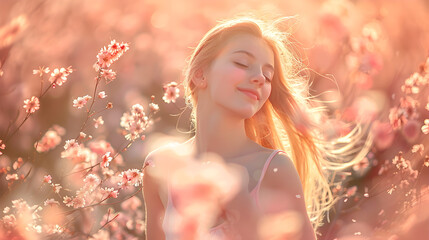 A beautiful young girl dances in nature, surrounded by swirling spring flowers in peach fuzz color.