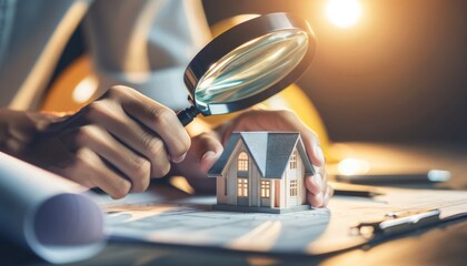 A close-up of a person’s hands using a magnifying glass to inspect the fine details of a model house, illustrating the idea of property inspection.
