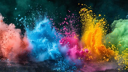 Dynamic and vivid explosion of multicolored powder against a dark background, showcasing an array of colors.