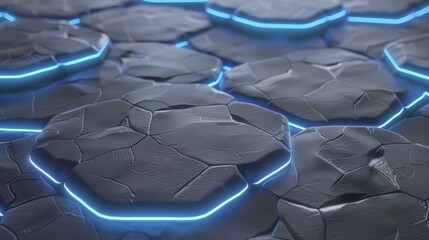 Fototapeta premium Close-up of a dark cracked surface illuminated by glowing blue neon lights, depicting a futuristic scene.