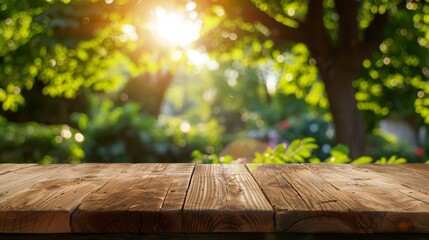 Empty wooden table with a sunny garden and bokeh effect in the background, ideal for displays.