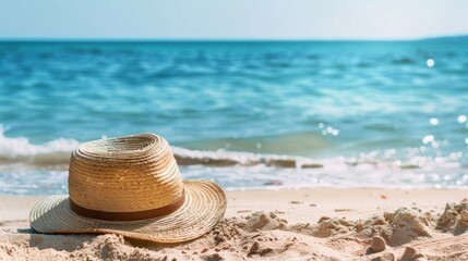 A lone straw hat rests on a sandy beach under a bright summer sun.