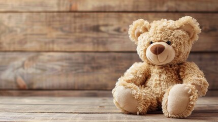 Cute teddy bear sitting alone on a rustic wooden background, conveying comfort and nostalgia.