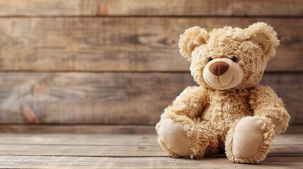 Obraz premium Cute teddy bear sitting alone on a rustic wooden background, conveying comfort and nostalgia.