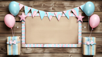 A wooden frame with a pink and blue banner and balloons - Powered by Adobe