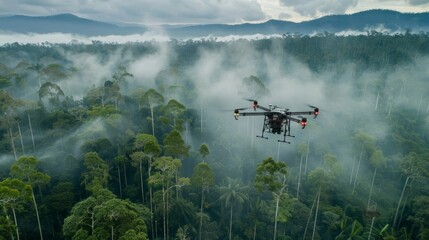 A drone equipped with neurotech sensors and cameras capturing images and data of a forest area undergoing reforestation efforts to combat climate change..