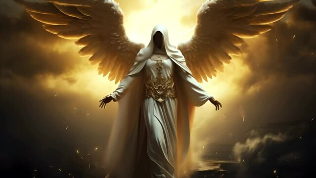 A mythical angel with white wings and armor.