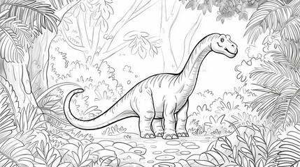 The illustration shows a dinosaur in a jungle-like setting for coloring book page for kid