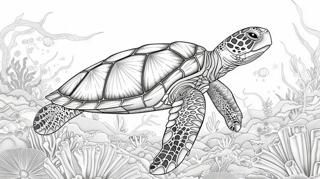 Coloring book page for kid shows a sea turtle swimming in a coral reef.
