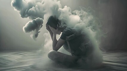 A person sitting on the floor with their head in hands, surrounded by grey smoke symbolizing emotional pain and mental health illness challenges