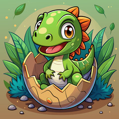 Cute cartoon baby dinosaur, freshly hatched from an eggshell at vibrant jungle backdrop, happy newborn kawaii dino smiles, symbolizing new beginnings and childhood wonder. Colorful vector illustration