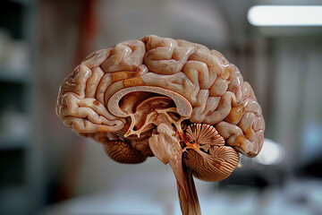 Realistic human brain cerebral hemisphere in medical classroom