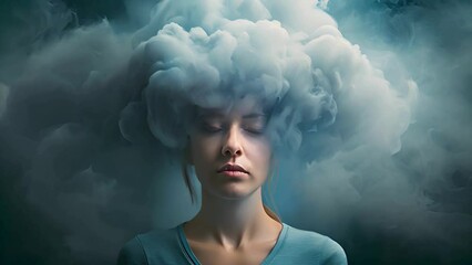 A woman with her head covered in dark clouds, symbolizing emotional warehouse or mental health concept.