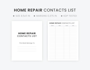 Printable Home Repair Contacts List Template, Repairman Contacts, Home Management