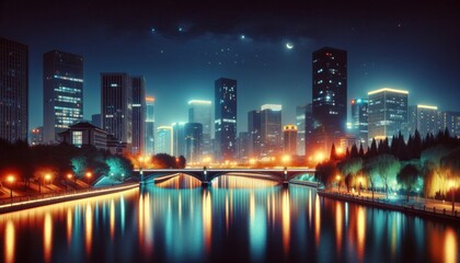 Naklejka premium A serene night cityscape in a 16_9 ratio.