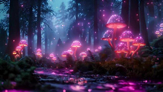 concept art of an enchanted forest with glowing mushrooms and dark trees, in a fantasy style at night time