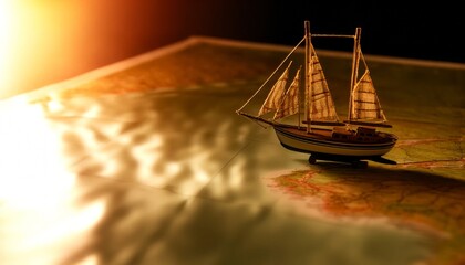 An intricately detailed small sailboat model placed on a map, with the area around the boat manipulated with lighting and shadows.