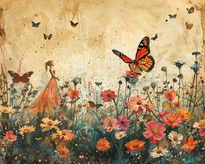 A watercolor painting of a butterfly garden, with vibrant colors and delicate floral elements in the background