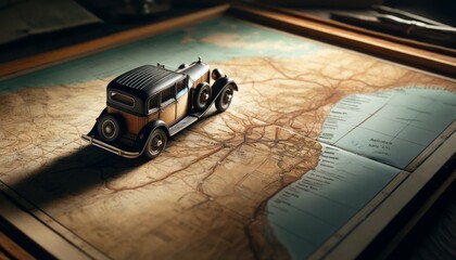 A highly detailed image of a miniature vintage car on an open atlas.