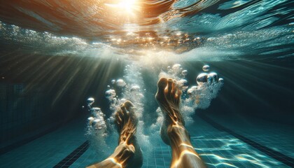 A close-up of an elderly person's feet kicking underwater, with bubbles rising to the surface in a sunlit indoor swimming pool.