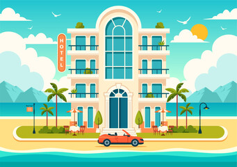 Hotel Vector Illustration of interior and exterior with building on green grass, beach and promenade street and palm trees in Flat Cartoon Background