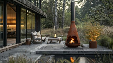 Guests cant help but gravitate towards the chiminea drawn in by its alluring flames and modern design. 2d flat cartoon.