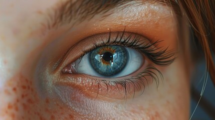 Fototapeta premium Close-up shot of woman's eye engaged in scanning process, futuristic biometric technology concept, detailed eye examination, digital eye scan, high-tech medical diagnosis, eye scanning close-up view