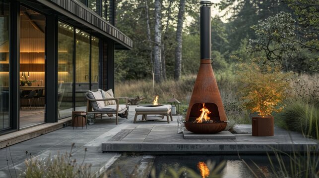 Guests cant help but gravitate towards the chiminea drawn in by its alluring flames and modern design. 2d flat cartoon.