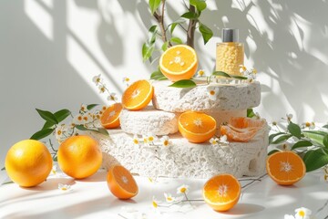 Beauty skin care product presentation podium and display made with porous stones and oranges on white sunny background. Studio photography - generative ai