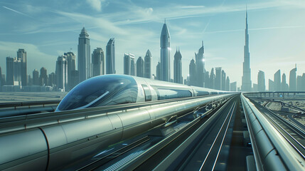 Design a futuristic transportation system featuring hyperloop trains traveling at supersonic speeds.