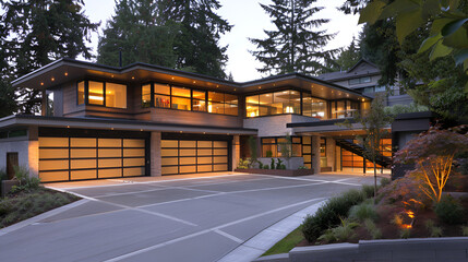 Luxury modern house with swimming pool and beach at sunset,A modern house with a pool in front of it,Modern exterior of a luxury villa in a minimal style,Luxurious new construction home exterior 
