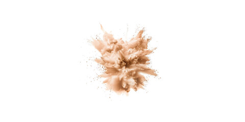 A cloud of sand yellow powder explodes in isolation on a white background 