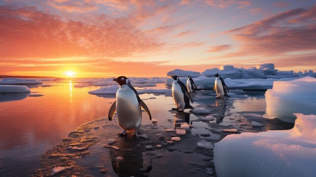 Icy shore, penguin waddle, cold days march