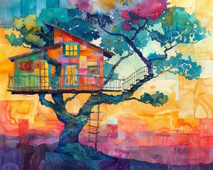 A watercolor painting of a whimsical treehouse, with vibrant colors and imaginative elements in the background