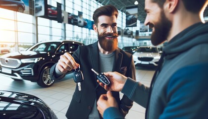 An image capturing a man with a well-groomed beard, wearing a smart casual outfit, in a car dealership, giving a set of car keys to a happy customer. - Powered by Adobe