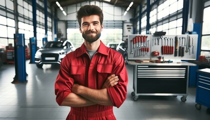 A confident mechanic with a short, well-groomed beard, wearing a clean, bright red work uniform with rolled-up sleeves, is standing proudly.